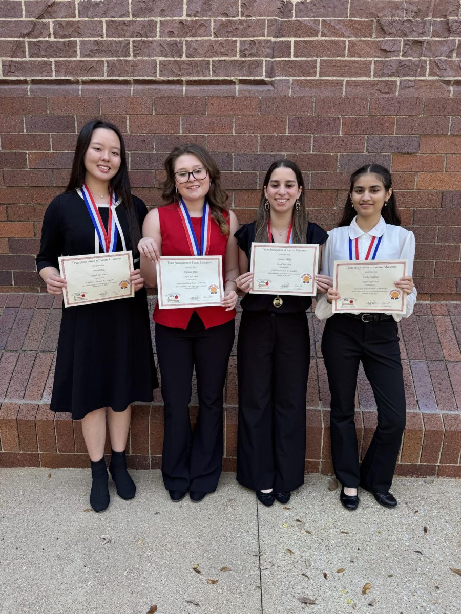 Coppell High School sophomore Yeseul Bak, seniors Nathalie Petit, Suzana Waly and sophomore Eesha Jogdand competed at the state competition at the TAFE Teach Tomorrow Summit on Feb. 26-27 in Dallas. These four competitors advanced to compete at the Educators Rising Conference on June 20-23 in Portland, Ore. 
Photo courtesy of Raneta Ansley 

