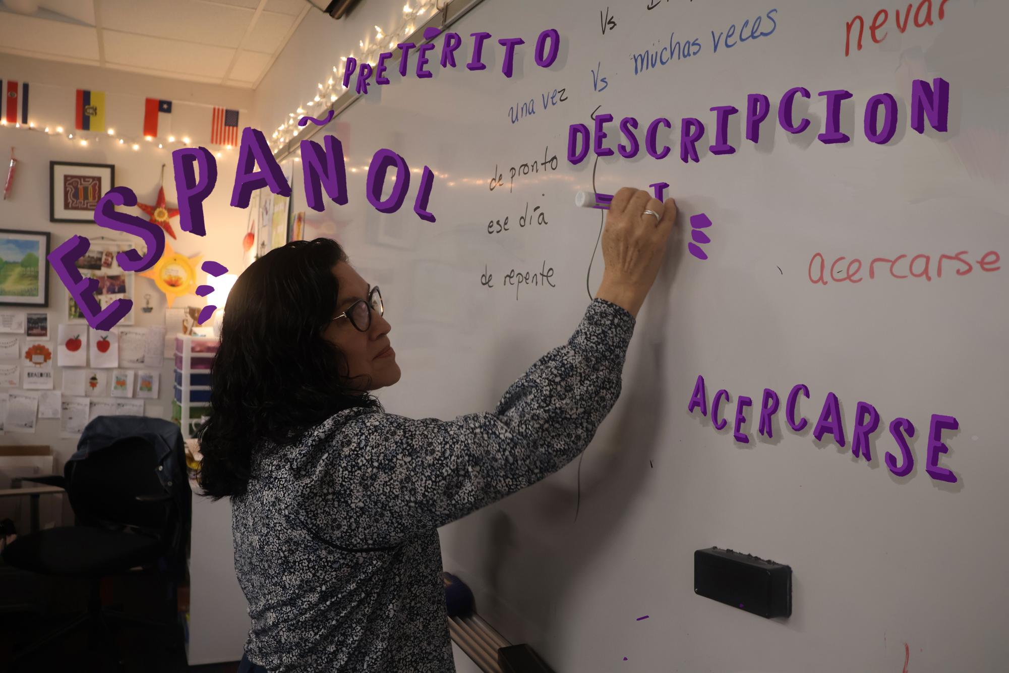 Spanish teacher Miriam Muller teaches her class about preterite tense. Muller’s teaching shows dedication and understanding for her students. Photo Illustration by Karthika Dayanand and Pranavi Ramineni