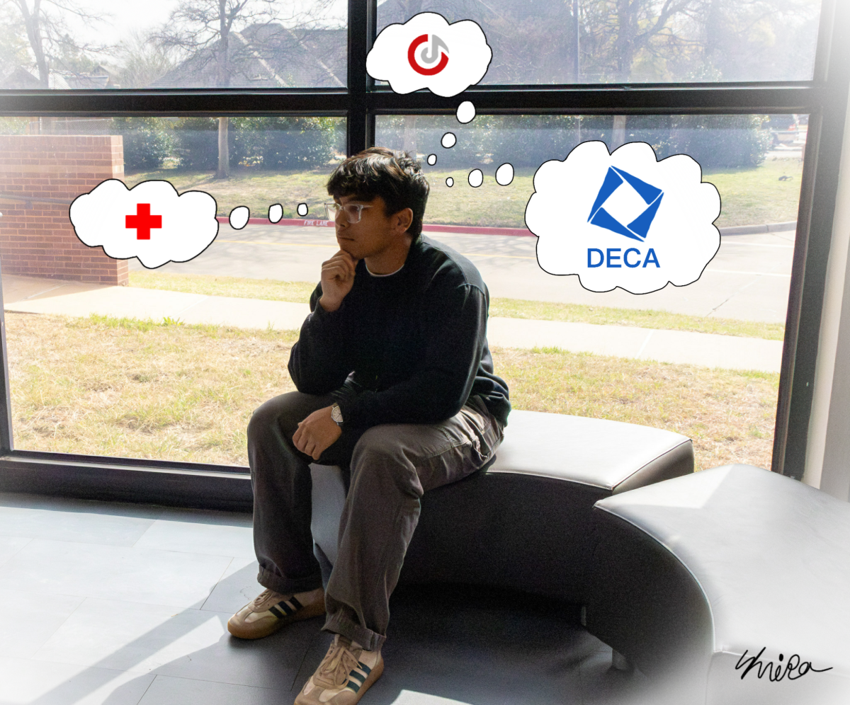 In high school, students may be pressured to prepare for college and choose related co-curriculars and extracurriculars in their freshman year. The Sidekick staff photographer Davy Thomas, staff writer Aashi Panchal and editor-in-chief Yug Talukdar think freshmen should choose a variety of activities. Photo illustration by Shrika Elma and Karen Mascarenhas 