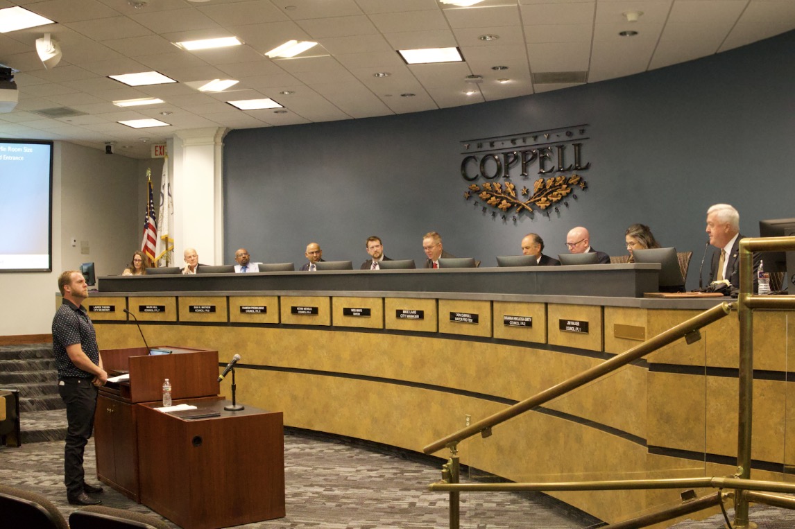 On Tuesday, Will Winkelmann of Winkelmann Associates presents development plans to the Coppell City Council during a public hearing at the Coppell City Hall. The proposal includes revisions to a planned hotel development in Coppell.