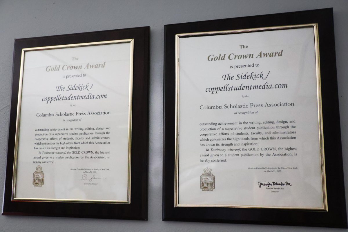On March 20, The Sidekick/Coppell Student Media received a 2026 Gold Crown from the Columbia Scholastic Press Association for Hybrid News. The Gold Crown is the highest staff honor awarded by the CSPA.

