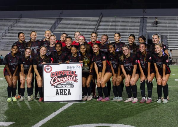 The Coppell girls soccer team celebrates its 5-2 win against South Grand Prairie on Tuesday at Pennington Field in the Class 6A Region I area playoffs. The Cowgirls advance to play Mansfield Lake Ridge on Friday at 7 p.m. in the regional semifinals at Buddy Echols Field. Photo by Naseeha Masood