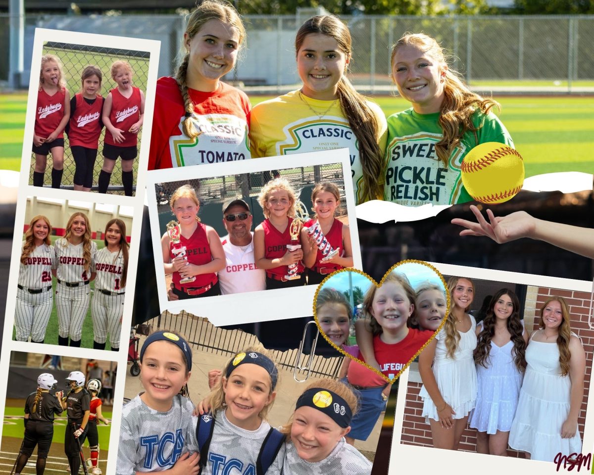 Coppell juniors Claire Keith, Emma Praytor and Courtney Hargove and fathers’ Scott Keith, Jay Praytor and Tom Hargrove have shaped their softball careers with their support and coaching from a young age. The childhood teammates were able to form a tight knit friendship. Photo illustration by Naseeha Masood and photos courtesy Scott Keith and Jay Praytor.