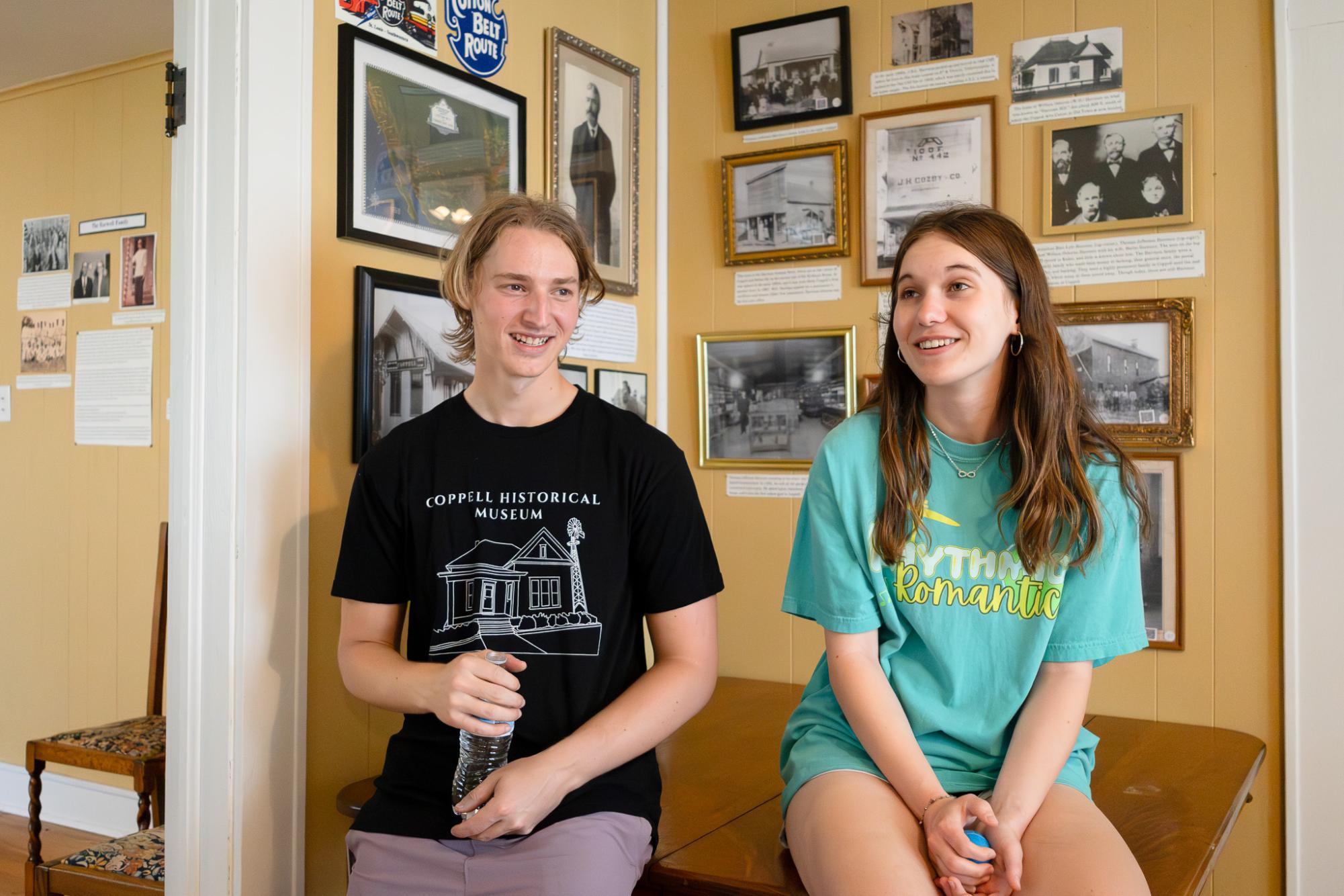Baylor University sophomore and author Gedeon Bring and Coppell High School senior Alyssa Gray discuss Bonnie and Clyde’s crimes throughout Texas at the Coppell Historical Museum. Bring enjoys learning about local history and is a professional drummer for the Colton Hamilton band.