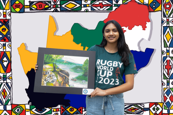 Coppell High School junior Sahasra Kalakonda moved to Coppell from South Africa in 2024, but the country remains rooted in her, continuing to shape her actions and morals. Kalakonda implements her South African heritage into her artwork to emphasize lessons learned from her nanny, Conelia, even after moving to Coppell. Photo illustration by Nina Jorge and Rachel Chio