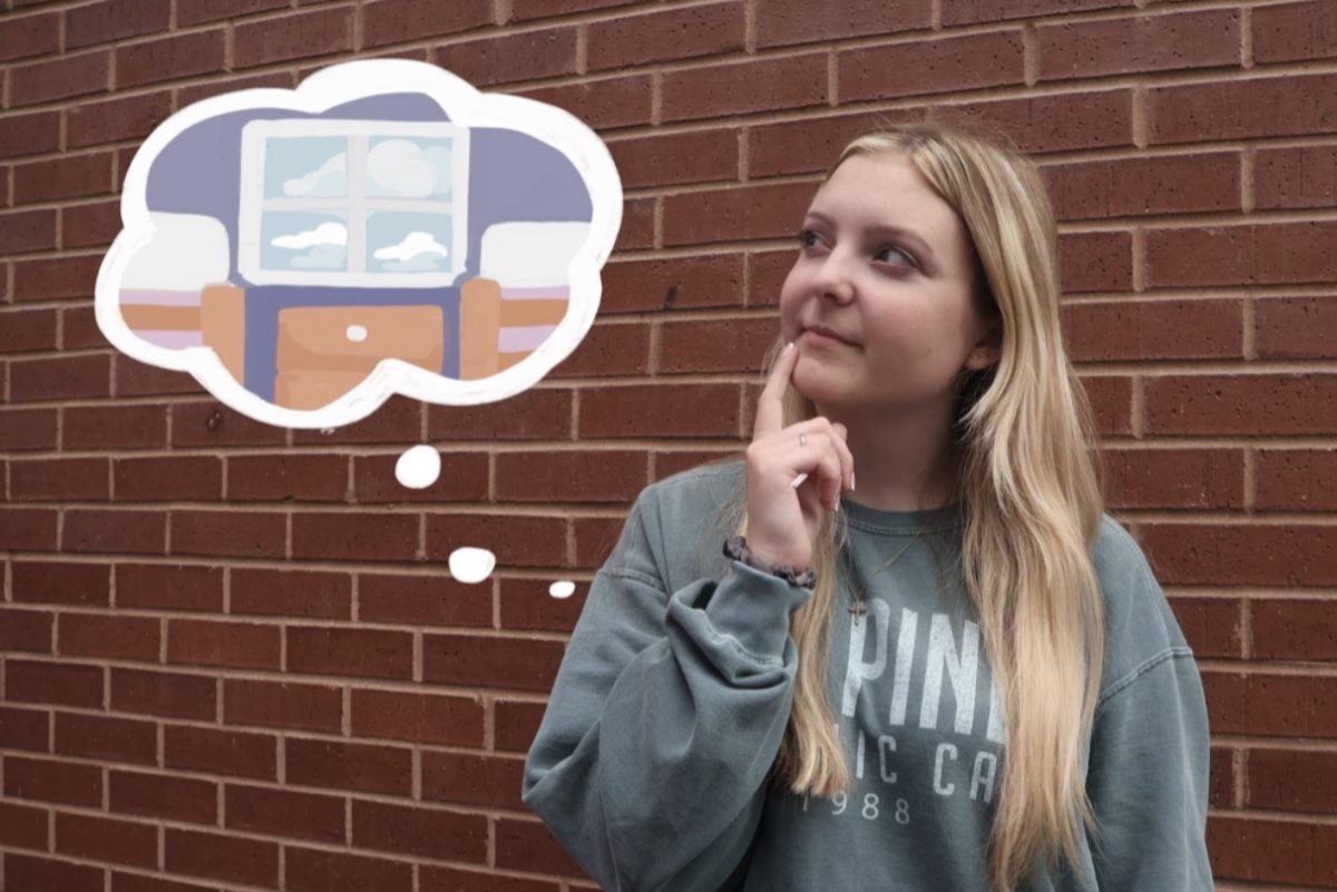 Looking toward the future, high school senior Sarah Kolassa contemplates the transition to university life, visualizing her ideal dorm room arrangement and weighing important housing options before campus move-in day. 
Photo illustration by Sohalia Reddy
