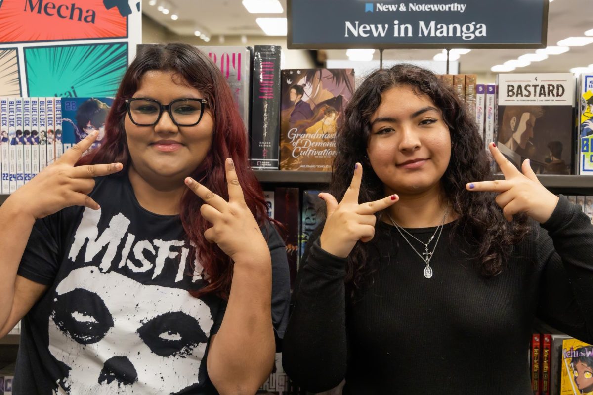 The Sidekick staff photographer Dayami Granados and staff writer Saanvi Singh pose for a picture in Books-A-Million on April 17 at Grapevine Mills. Senior Send-off is a series of recognizing graduating Sidekick seniors.